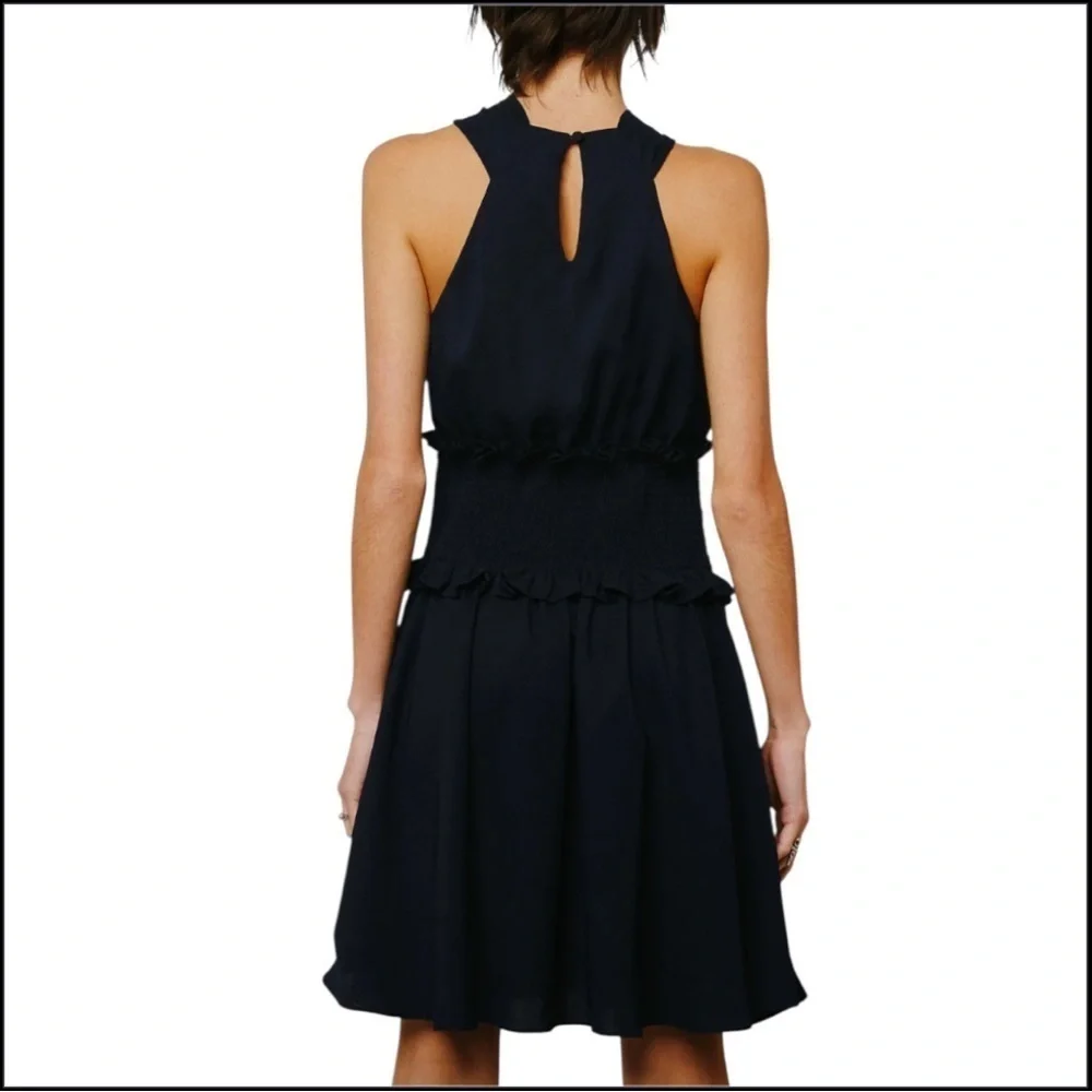 NWT Ciebon Bristol Halter Neck Smock Waist Navy Blue Minidress Sz Medium